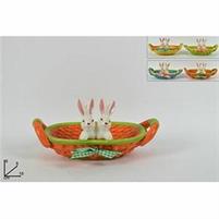 CESTINO CERAMICA OVALE C/MANICI C/CONIGLI 16CM 4COL